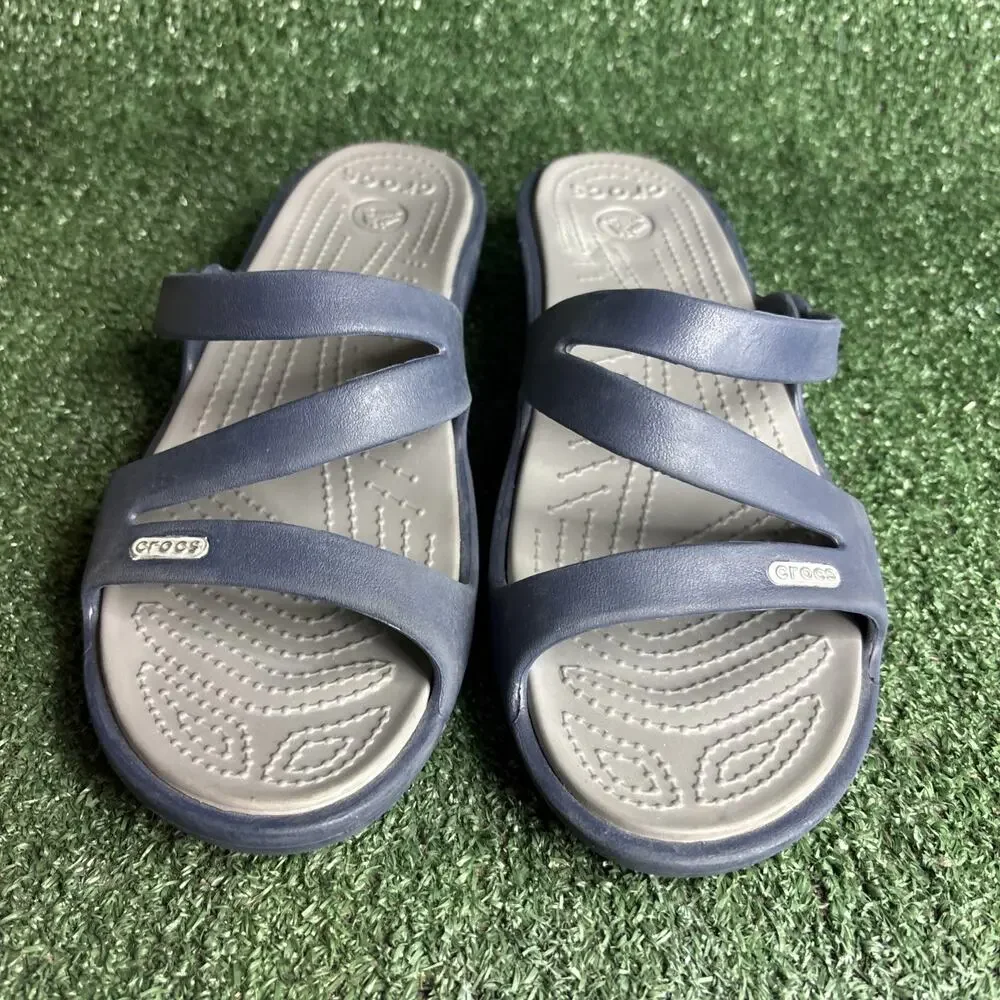 Crocs Patricia Blue Gray Wedge Heel Slides‎ Sandals 10386 Womens Size 10
